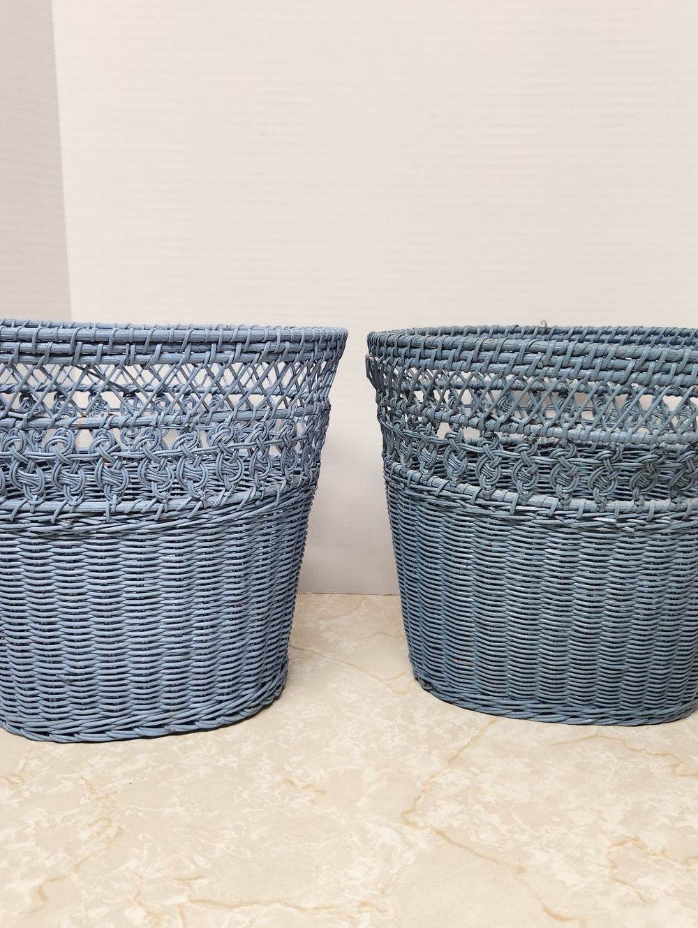 Lot of 2 Vintage Blue Wicker Waste Basket Trash Can Boho Cottage Core Country
